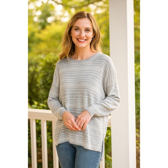 Eileen Fisher Striped Organic Cotton Knit Sweater Top Gray‎ White Womens Large - Picture 1 of 12